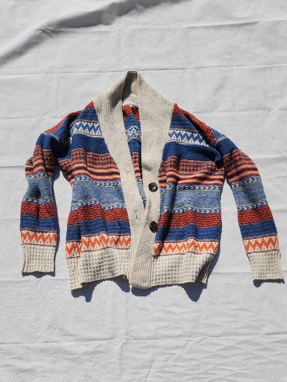 Women's Shawl Collar Striped Cardigan - Blue, Rust & Cream - Picture 2 of 5